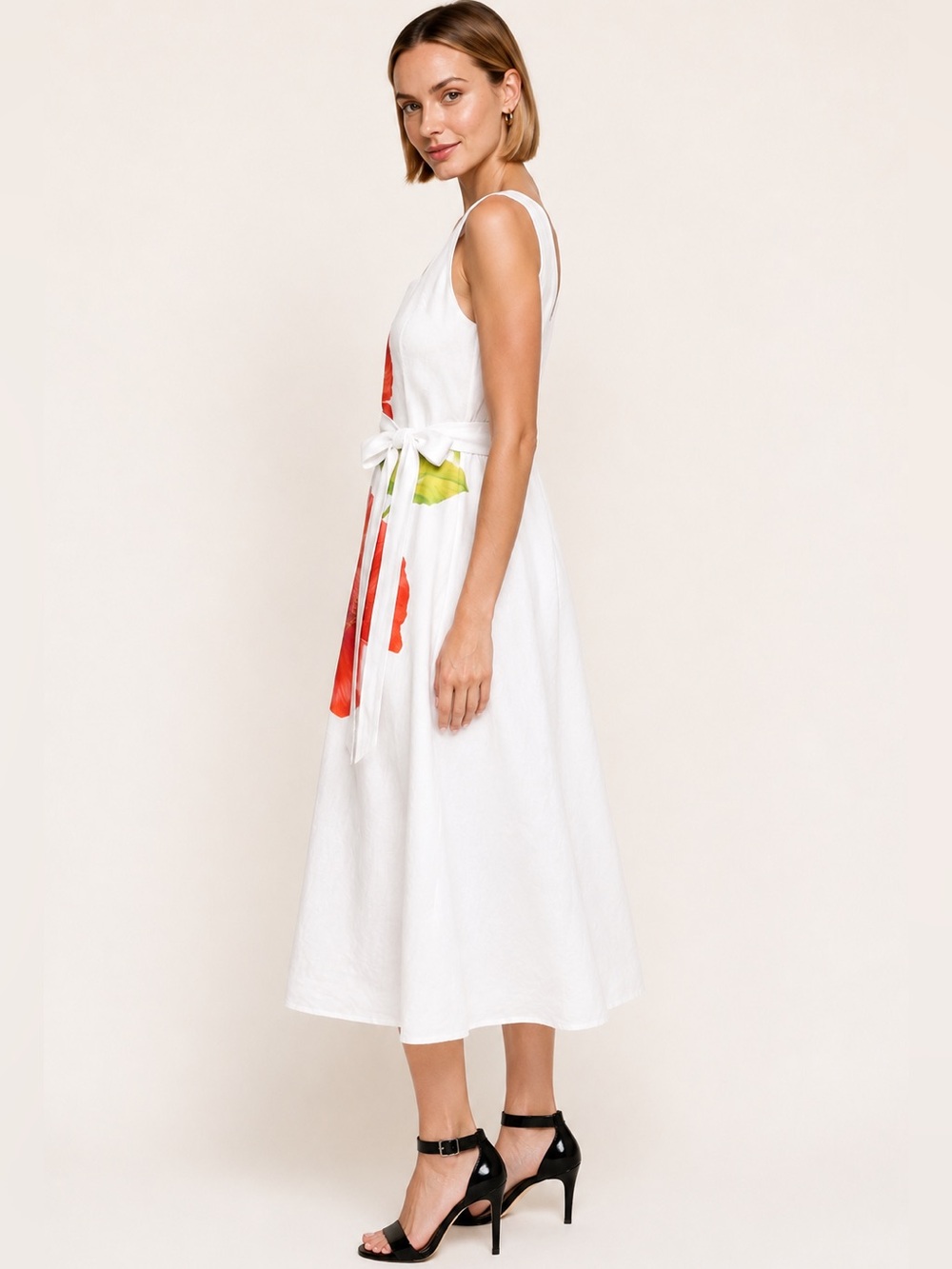 Karl Lagerfeld Paris Linen Blend Floral Midi Dress Belted Pockets White 16 NWT - Picture 2 of 16